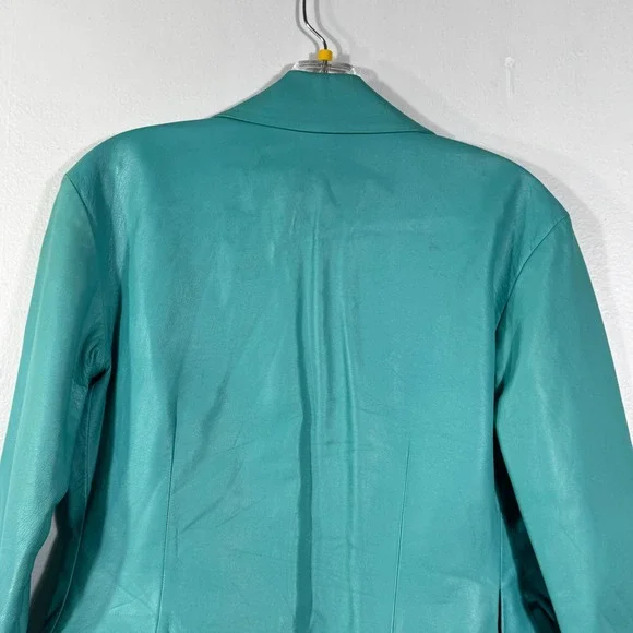 Badgley Mischka Vintage Teal Leather Jacket Silk Lined Cropped Tie Waist Sz M/8 - Picture 8 of 16